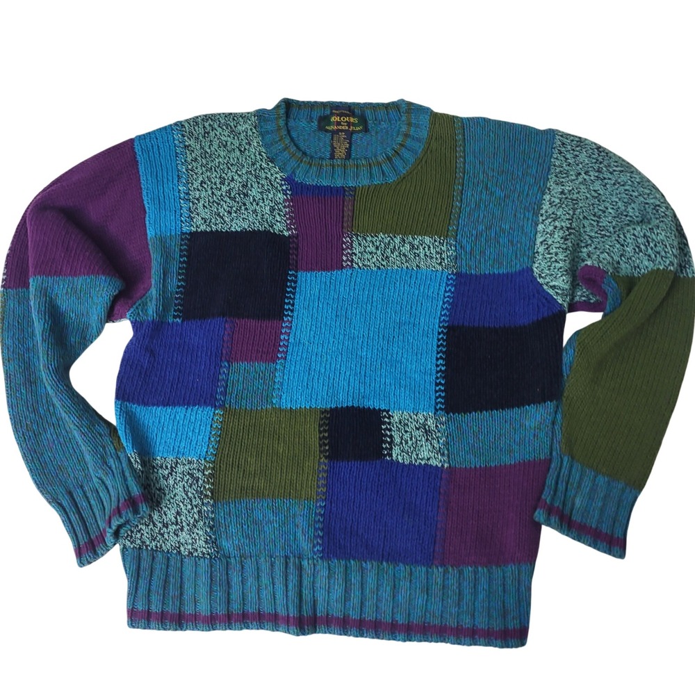 Vtg Colours Alexander Julian Colorblock Patchwork Sweater Small Linen Cotton 90s